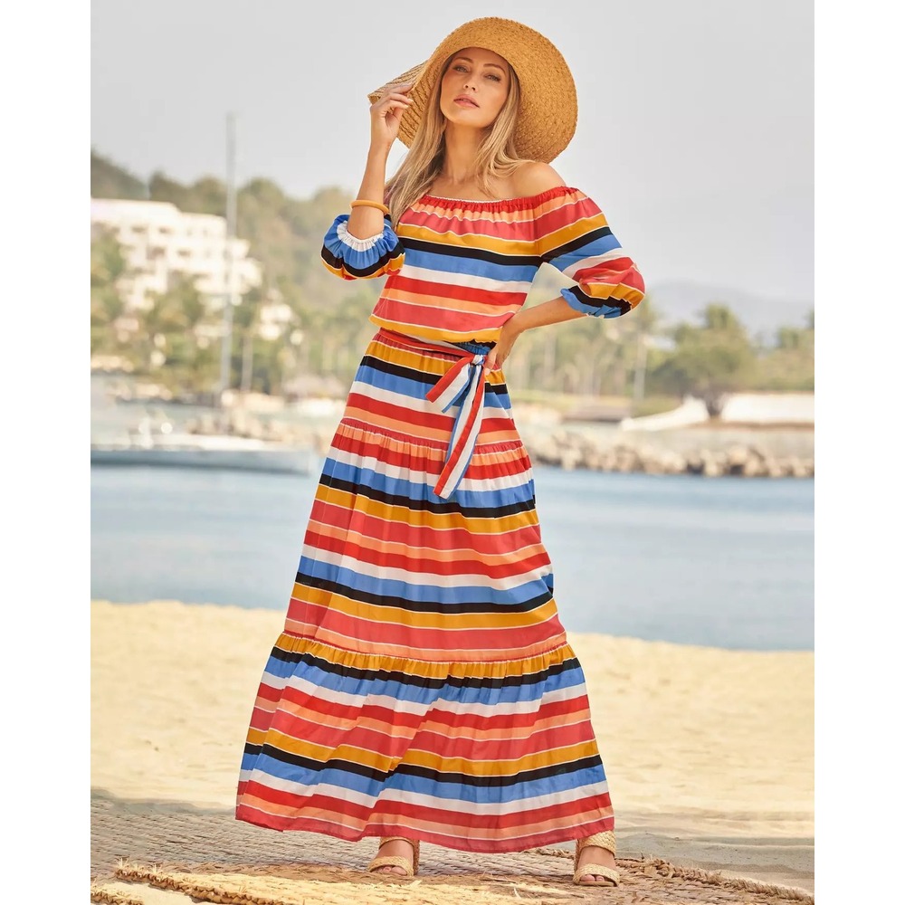 Boston Proper Maxi Dress Off Shoulder Striped Tiered Womens M Boho Resort Cotton